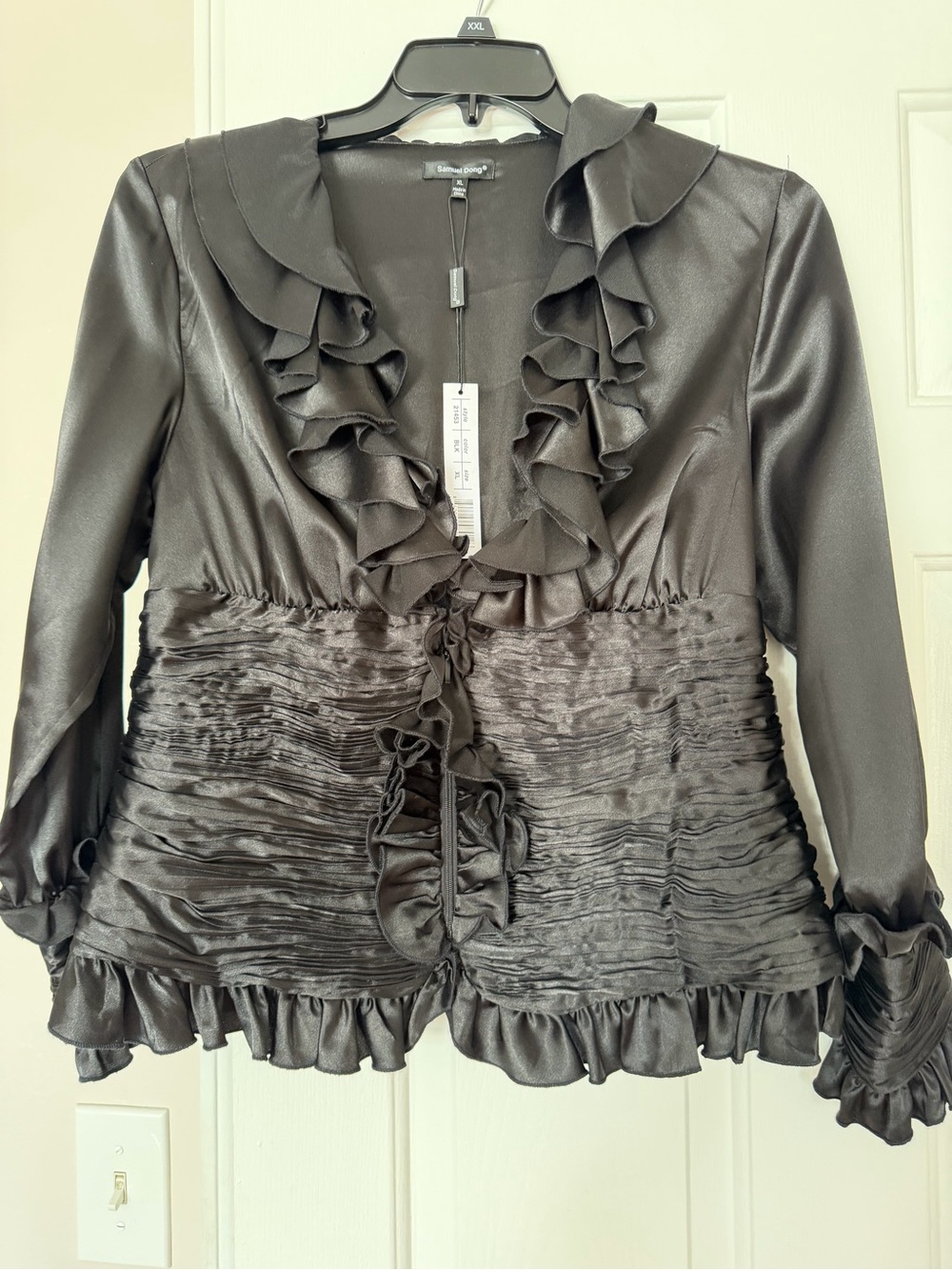Samuel Dong Black Satin Ruffled Peplum Jacket